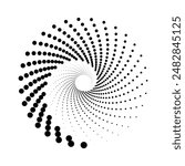 Black vortex shape with halftone dots. Geometric art. Design element for border frame, logo, tattoo, sign, symbol, web pages, social media, prints, badge, emblem, template, abstract background