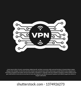 Black VPN in circle with microchip circuit icon isolated on black background. Vector Illustration