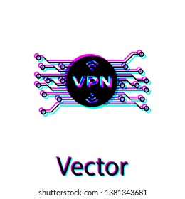 Black VPN in circle with microchip circuit icon isolated on white background. Vector Illustration