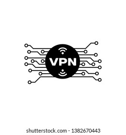 Black VPN in circle with microchip circuit icon isolated. Vector Illustration