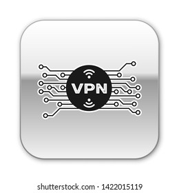 Black VPN in circle with microchip circuit icon isolated on white background. Silver square button. Vector Illustration