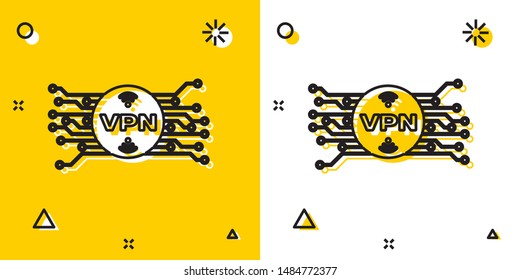 Black VPN in circle with microchip circuit icon isolated on yellow and white background. Random dynamic shapes. Vector Illustration