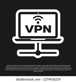 Black VPN Computer network icon isolated on black background. Laptop network. Internet connection. Vector Illustration