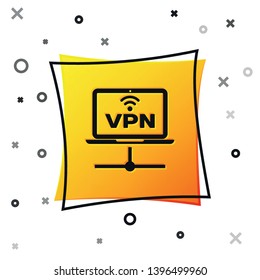 Black VPN Computer network icon isolated on white background. Laptop network. Internet connection. Yellow square button. Vector Illustration