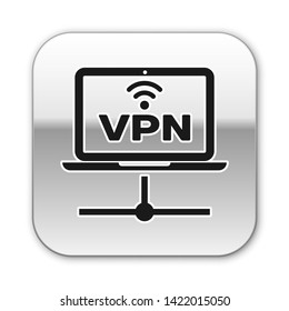 Black VPN Computer network icon isolated on white background. Laptop network. Internet connection. Silver square button. Vector Illustration