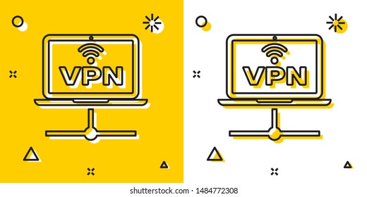 Black VPN Computer network icon isolated on yellow and white background. Laptop network. Internet connection. Random dynamic shapes. Vector Illustration