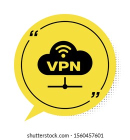 Black VPN Network cloud connection icon isolated on white background. Social technology. Cloud computing concept. Yellow speech bubble symbol. Vector Illustration