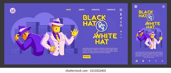 Black Vs White Hat Seo Landing Page Template Set. Contemporary Vector Illustration Of Good, Bad Business Characters On Purple Background. Search Optimization Solutions. Website And Mobile App Design