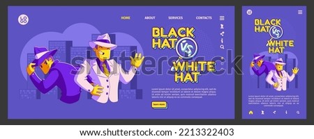 Black vs white hat seo landing page template set. Contemporary vector illustration of good, bad business characters on purple background. Search optimization solutions. Website and mobile app design