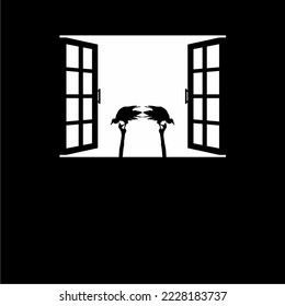 Black Vulture Bird on the Window Silhouette. Creepy, Horror, Scary, Mystery, or Crime Illustration. Illustration for Horror Movie or Halloween Poster Design Element. Vector Illustration