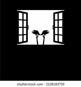 Black Vulture Bird on the Window Silhouette. Creepy, Horror, Scary, Mystery, or Crime Illustration. Illustration for Horror Movie or Halloween Poster Design Element. Vector Illustration