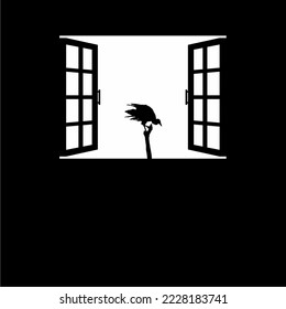 Black Vulture Bird on the Window Silhouette. Creepy, Horror, Scary, Mystery, or Crime Illustration. Illustration for Horror Movie or Halloween Poster Design Element. Vector Illustration