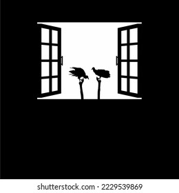 Black Vulture Bird on the Window Silhouette. Creepy, Horror, Scary, Mystery, or Crime Illustration. Illustration for Horror Movie or Halloween Poster Design Element. Vector Illustration