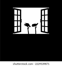 Black Vulture Bird on the Window Silhouette. Creepy, Horror, Scary, Mystery, or Crime Illustration. Illustration for Horror Movie or Halloween Poster Design Element. Vector Illustration