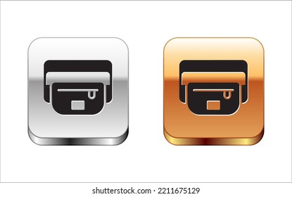 Black Waist bag of banana icon isolated on white background. Silver-gold square button. Vector