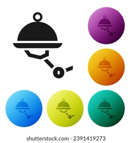 Black Waiter robot with covered plate icon isolated on white background. Artificial intelligence, machine learning, cloud computing. Set icons in color circle buttons. Vector