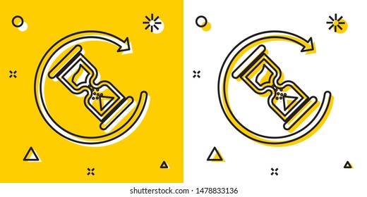 Black Waiting icon isolated on yellow and white background. Wait time icon. Hourglass clock. Random dynamic shapes. Vector Illustration
