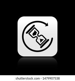 Black Waiting icon isolated on black background. Wait time icon. Hourglass clock. square button. Vector Illustration