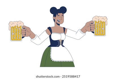 Camarera negra sirviendo cerveza en el personaje de dibujos animados 2D oktoberfest. Mujer afroamericana sonriente que lleva el Vector plano aislado de la persona de las tazas del alcohol en el fondo blanco. Ilustración de punto colorido