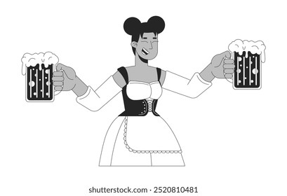 Camarera negra sirviendo cerveza en el oktoberfest personaje de línea 2D en blanco y negro. Mujer afroamericana sonriente que lleva las tazas del alcohol persona aislada del contorno del Vector. Ilustración de punto monocromático