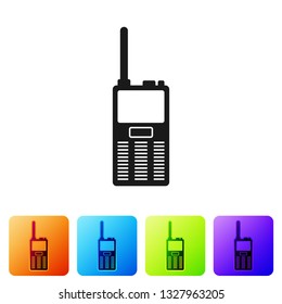 Black Walkie talkie icon isolated on white background. Portable radio transmitter icon. Radio transceiver sign. Set icon in color square buttons. Vector Illustration