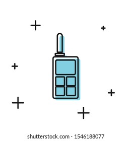 Black Walkie talkie icon isolated on white background. Portable radio transmitter icon. Radio transceiver sign.  Vector Illustration