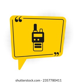 Black Walkie talkie icon isolated on white background. Portable radio transmitter icon. Radio transceiver sign. Yellow speech bubble symbol. Vector