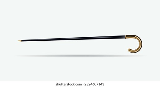 Black walking cane with a golden handle on a white background. Vector illustration