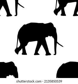 Black walking elephant silhouette isolated on white vector seamless pattern design. Wildlife elefant with tusks and trunk.  Elephant silhouette endless pattern.