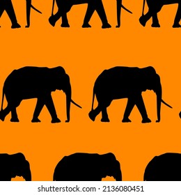 Black walking elephant silhouette isolated on orange vector seamless pattern design. Wildlife elephant with tusks and trunk.  Elephant silhouette endless pattern.