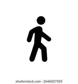 Black walking person icon on white background. Minimalist human figure used in wayfinding, pedestrian signage, apps, or navigation systems. Simple and clean vector silhouette.