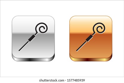 Black Walking stick icon isolated on white background. Happy Saint Patricks day. Silver-gold square button. Vector Illustration