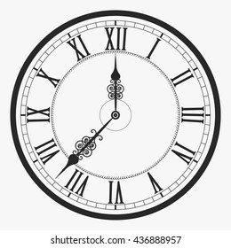 Black wall clock Roman numeral, old vintage clock-face vector