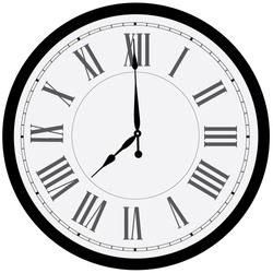 Black Wall Clock Vector Isolated. Clock On Wall Shows Eight O'clock. Roman Numeral Clock