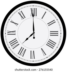 Black wall clock vector isolated. Clock on wall shows eight o'clock. Roman numeral clock