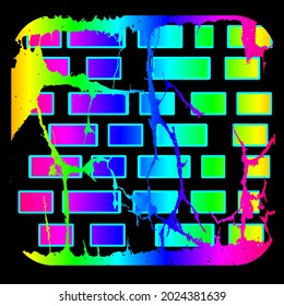 Black wall with colored bricks and colored smudges.