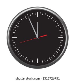 Black wall office clock icon set showing five minutes to twelve. Vector illustration.