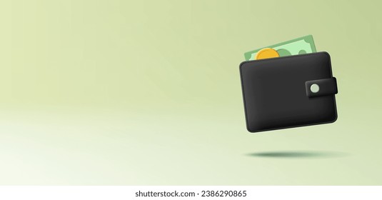 Black wallet with cash 3D. To advertise banking, finance, capital accumulation, and savings. Wallet for web banner on a green background.