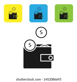 Black Wallet with coins icon isolated on white background. Purse icon. Cash savings symbol. Set icons colorful square buttons. Vector Illustration