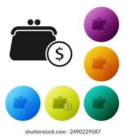 Black Wallet with coins icon isolated on white background. Purse icon. Cash savings symbol. Set icons in color circle buttons. Vector