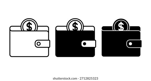 Paquete de iconos de billetera negro perfecto para imágenes de finanzas, manejo de efectivo, conceptos de ahorro, temas de pago y administración de dinero personal.