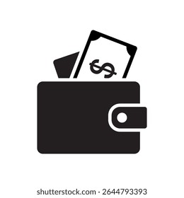 Black wallet icon with dollar bills sticking out. Simple and minimal flat vector design, ideal for concepts related to finance, money management, banking, income, or business transactions.
