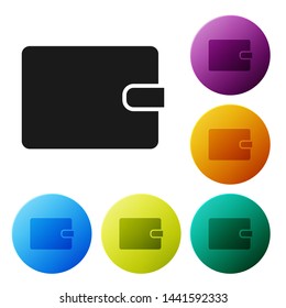 Black Wallet icon isolated on white background. Purse icon. Cash savings symbol.  Set icons colorful circle buttons. Vector Illustration