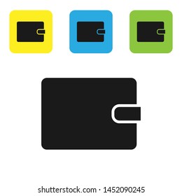Black Wallet icon isolated on white background. Purse icon. Cash savings symbol.  Set icons colorful square buttons. Vector Illustration