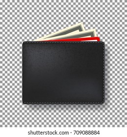 Black wallet isolated on transparent backdrop. Top view on realistic wallet with money and credit card. Vector illustration.