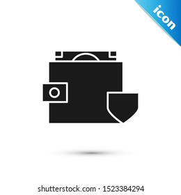 Black Wallet and money with shield icon isolated on white background. Insurance concept. Security, safety, protection, protect concept.  Vector Illustration