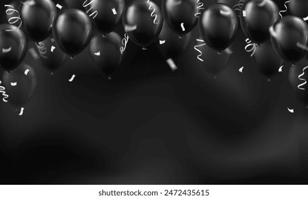 Black wallpaper with 3d realistic black glossy balloons and silver confetti on dark blurred background with blank space for greeting text. Banner for birthday, celebration party, sale, opening event