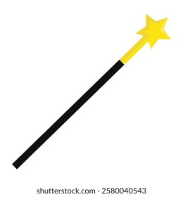 Black wand with yellow star tip, magical prop for wizard, witch or magician costume accessories in fantasy themed designs.