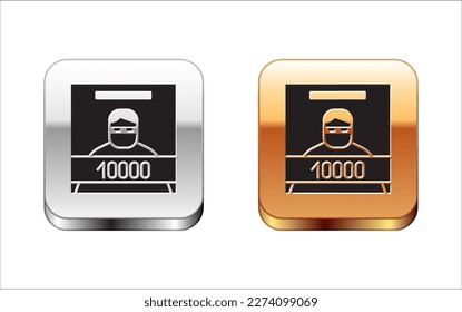 Icono del afiche Black Wanted aislado en fondo blanco. Recompensa el dinero. Crimen vivo o muerto es ilegal. Botón cuadrado de oro plateado. Ilustración vectorial