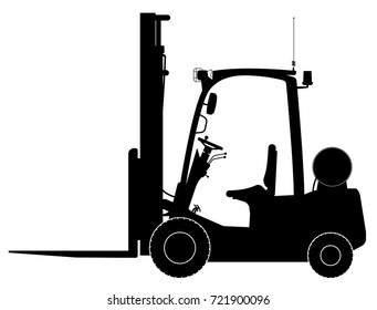 Black warehouse forklift. Side view. Warehouse, delivery and transportation of goods. No people.